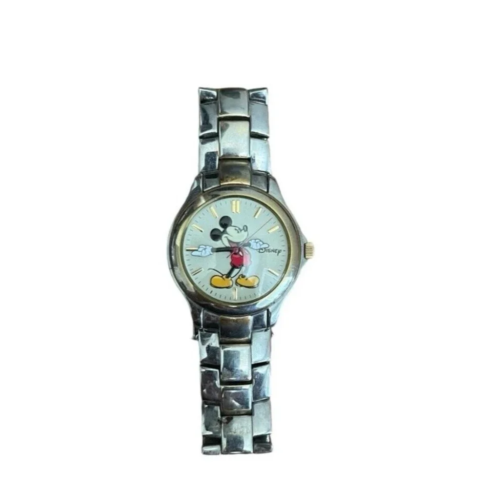 Disney Mickey Mouse Round Watch MU0929 Silver Gold Stainless Steel Needs Battery